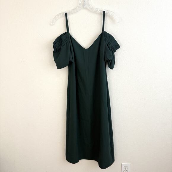 Club Monaco Ralph Lauren Midi Dress Size 0 Forest Green Open Cold Off Shoulder - Picture 3 of 14